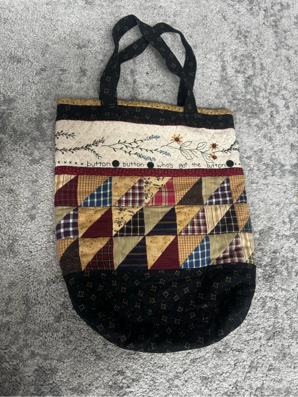 Handmade Primitive Patchwork Quilted Tote Bag Embroidered Folk Art